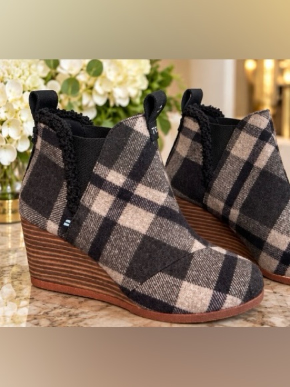 Toms Plaid Wedge Ankle Boots - Black & Cream